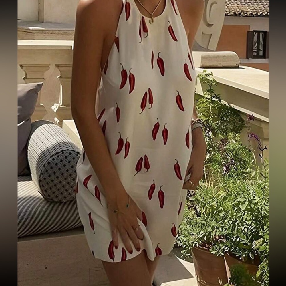 Chic White Dress with Red Pepper Print